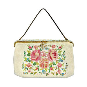 Antique Hand Beaded French Point de Beauvais Purse Roses Floral Bridal Vintage